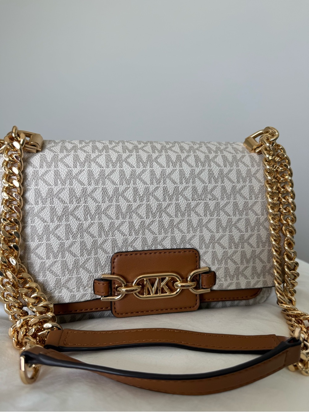 Michael Kors Cream MK Logo Shoulder Bag with Brown Trim and Gold Chain